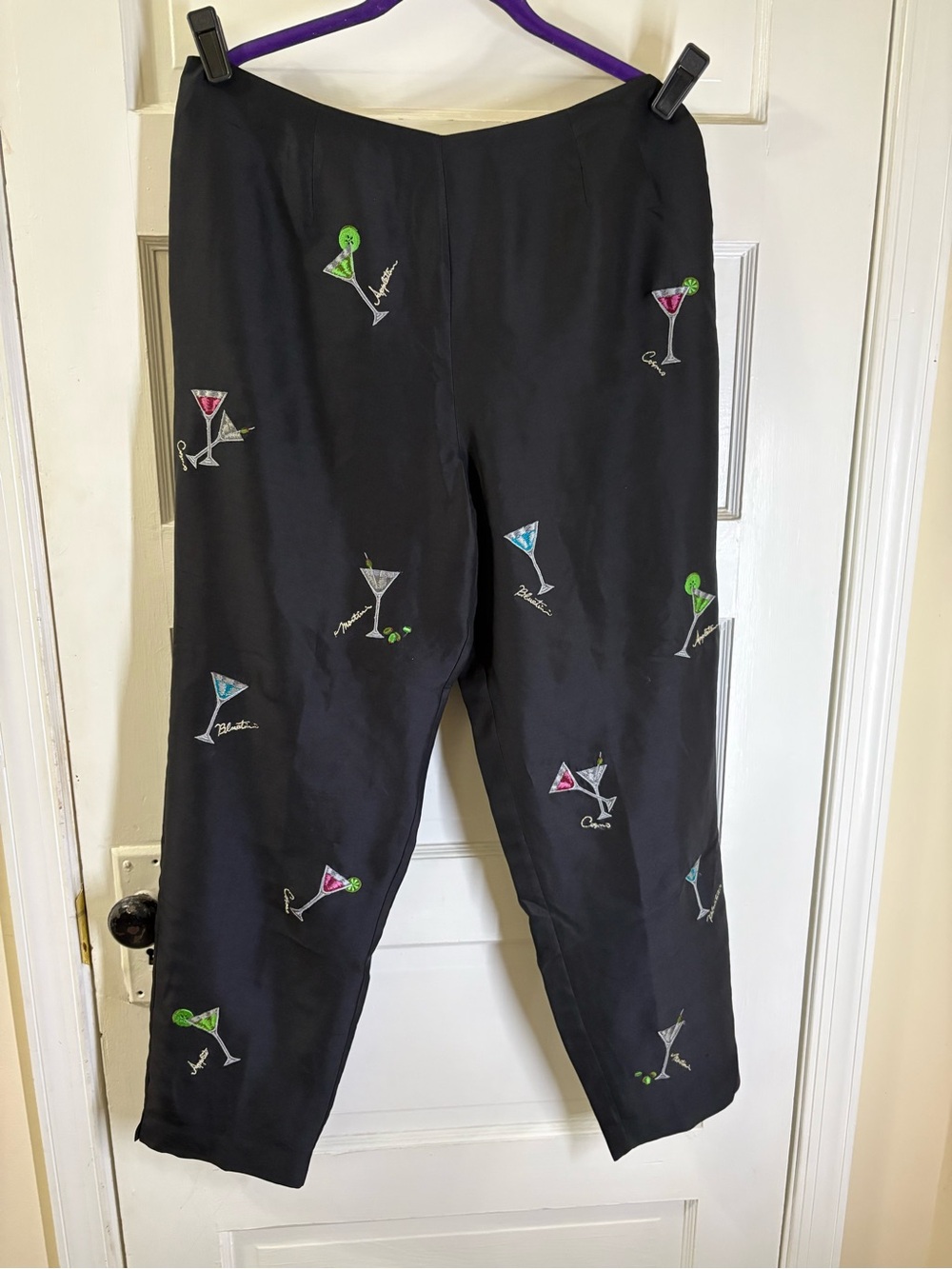Allison Taylor Black Silk Pants with Colorful Martini Accents